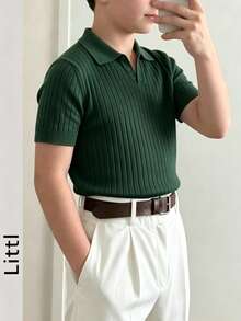 Teen Boys Minimalist Vertical Striped Knit Polo Shirt, Elastic Soft Versatile Daily Short Sleeve Knit Top - Green - View 8
