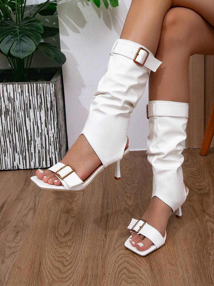 White Metal Buckle Ruched Tube Boots Square Toe Stiletto High Heel Sandals For Women