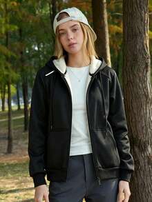 Áo khoác hoodie nỉ dày lót lông cừu giữ nhiệt cho nữ, áo nỉ kéo khóa ấm mùa thu/đông - màu đen - Xem 2