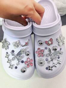 16pcs Shiny Rhinestone Flower Resin Shoe Charms, Luxury Silver & Pink Butterfly Clogs Shoe Clips, DIY Decoration Faux Pearl Shoe Accessories - Multicolor - View 3