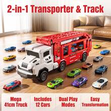 TEMI Truk Mainan Anak 2-in-1 dengan Dua Jalur, Cocok untuk Anak Usia 3 Tahun ke Atas, Termasuk 12 Mobil Kecil, Tinggi Dapat Diatur dan Dua Jalur Dapat Diperpanjang, Hadiah Ulang Tahun dan Natal yang Ideal - Merah - View 5