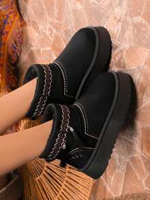1 Pair Women's Winter Embroidered Tassel Short Snow Boots, Thick Sole Height-Increasing Thermal-Lined Anti-Cold Anti-Slip Retro Boots - Black - View 5