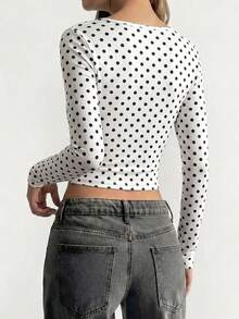 GLAMSKIN Women's Autumn Basic Polka Dot Square Neck Long Sleeve Fitted Short Top, White Sexy Fitted T-Shirt, Casual Shirt, Suitable For Back To School And Outings - White Background With Black Dots - View 2