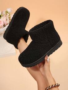 Women's Thick Sole Mini Short Snow Boots, Faux Suede Slip-On Winter Ankle Boots, Thick Fleece Lining Anti-Slip Warm Casual Ankle Boots, Suitable For Daily Outdoor - Black - View 1