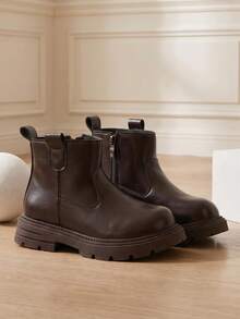1 Pair 2026 New Side Zipper Thick Sole Kids Boots, Glossy Soft Leather Minimalist Design, Versatile And Durable Style, Suitable For School, Commuting And Autumn/Winter Outfits - Brown - View 5