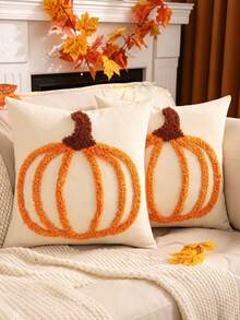 1pc/2pcs Halloween Throw Pillow Cover 18x18 Inch White Pumpkin Embroidered Decorative Pillowcase, Square Cushion Cover, Suitable For Bedroom, Living Room, Sofa, Patio, Garden Decoration And Daily Use, Pillow Insert Not Included, Size 30*50cm/45*45cm, Autumn Decor, Room Decoration - Orange - View 1
