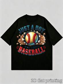 Vintage Just A Boy Who Loves Baseball Graphic Print Men's Oversized Crew Neck Short Sleeve T-Shirt, Casual Loose Fit Everyday Wear Streetwear Top, Com - Black - View 5