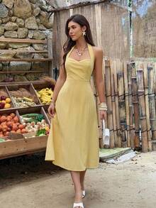 Gaun Midi Halter Kuning Wanita Musim Gugur, Gaun Linen A-Line dengan Ikatan Punggung Bentuk Hati untuk Kembali ke Sekolah, Liburan, Ulang Tahun, dan Acara Keluar Rumah - Kuning - View 3