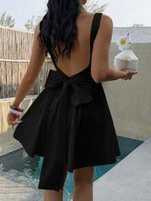Women Fall Black Square Neck Mini Dress,Low Back Big Bow Flared Skirt For Back To School Vacation Birthday Going Out - Black - View 1