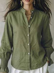 Women's Elegant Solid Color Long Sleeve Blouse, Stand Collar Button Pleated Flare Sleeve Top, Breathable Loose Fit Vacation & Commute Dual-Use Shirt - Green - View 1