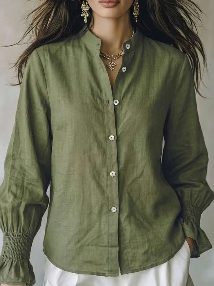 Women's Elegant Solid Color Long Sleeve Blouse, Stand Collar Button Pleated Flare Sleeve Top, Breathable Loose Fit Vacation & Commute Dual-Use Shirt - Green - View 1