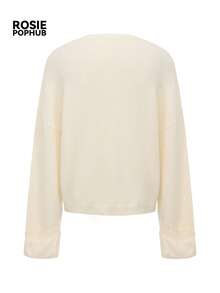 ROSIE POPHUB Women's White Crew Neck Drop‑Shoulder Cropped Knit Cardigan, Elegant Daily Casual Loose Button Sweater For Autumn Winter - White - View 8