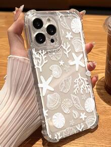 1 pièce Coque de téléphone antichoc à coussin d'air aux quatre coins, motif de lignes blanches, coquillage, étoile de mer, corail, design océan, matériau transparent, design anti-chute, coque de protection en TPU, cadre surélevé pour l'objectif de l'appareil photo, compatible avec iPhone 11, 12, 13, 14, 15, 16, 17 Pro Max, coque de téléphone style plage d'été, convient aux femmes et aux filles, compatible avec Galaxy, Honor, téléphones - Transparent - Voir 2