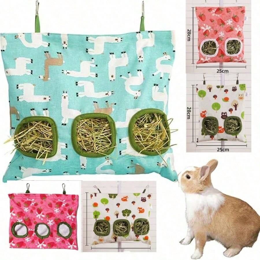 Rabbit Hay Feeding Bag, 3-Hole/2-Hole Design, Bite-Resistant, Guinea Pig Hay Storage Bag - Large Capacity, Easy To Clean - Cute Design, Small Pet Feeding Bag, Suitable For Guinea Pigs, Rabbits And More