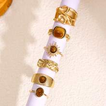 6pcs Natural Stone Open Adjustable Ring Set For Women, Vintage Luxury Niche Design - 6-piece Ring Set - View 4