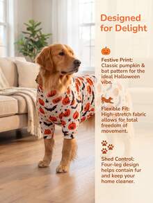1pc Halloween Dog Anti-Shedding Pajamas, Warm High-Elastic Full Coverage Pet , Anti-Licking Anti-Insect Protection Jumpsuit, Suitable For Small Medium Large Dogs, Halloween All-Over Print Dog Clothes, Cute Pumpkin And Bat Pattern - Multicolor - View 4