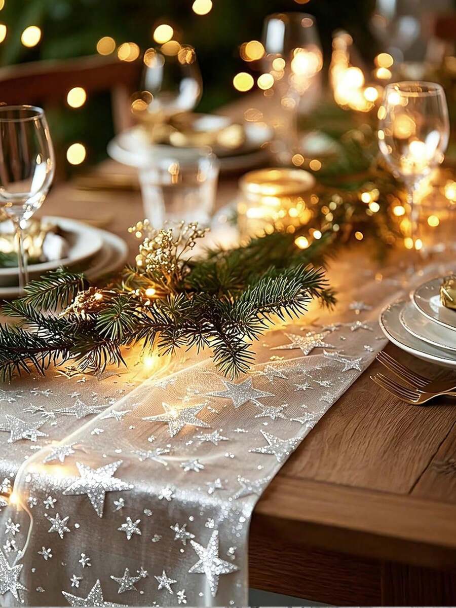1/2/3pcs Shiny Silver Foil Star Print Table Runner, Metallic Fabric Dining Table Centerpiece Decor Cloth, Suitable For Multiple Holidays, Weddings, Birthdays, Christmas And Spring Events, Home Indoor Tabletop Decoration, Creative Holiday Gift - Silver - View 1