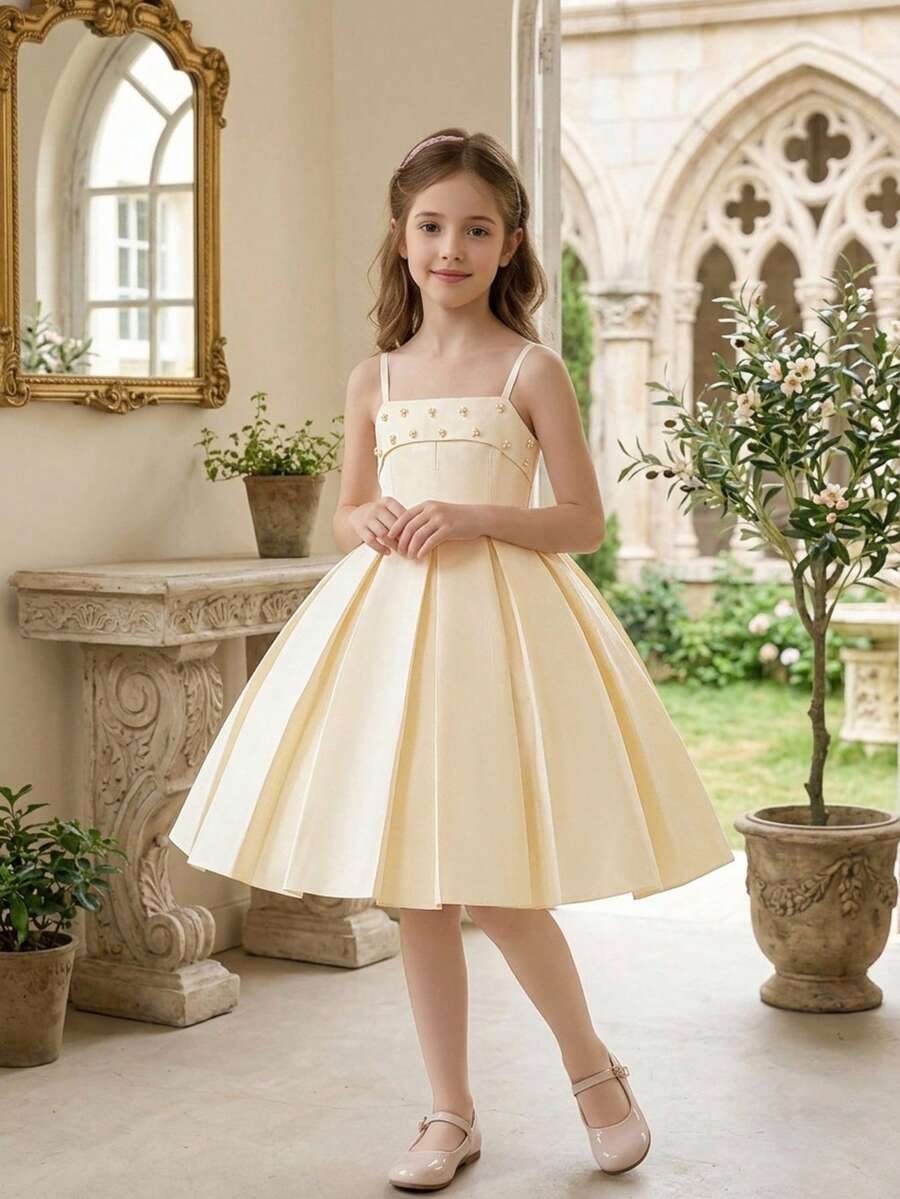 Tween Girls Spaghetti Strap Beaded Solid Color Satin Elegant Pleated Ball Gown, Suitable For Birthday Party, Headband Not Included - Champagne - View 1
