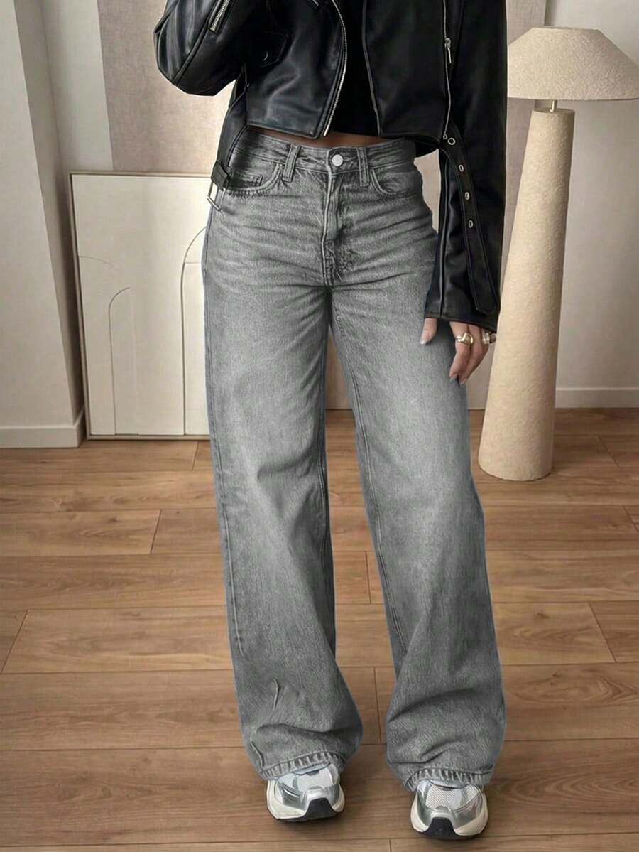 Women's Plus Size Casual Fashion Washed Loose Wide Leg Denim Jeans Fall - Grey - View 1