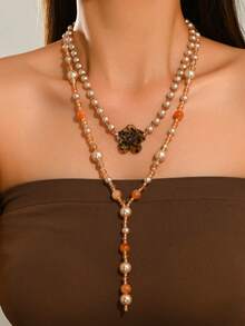 1pc Or 2pcs Set Bohemian Elegant Brown Marble Pattern Plastic Block With Gold Chain Y-Shaped Necklace, Leopard Print Flower Pendant, Multiple Styles Available, Fashionable Layered Jewelry Set, Suitable For Vacation, Party, Gathering, Dinner And More Occasions, Plastic Position, Color, Pattern And Size Are Multi-Color Handmade, Each Piece Is Different But Does Not Affect - Multicolor - View 11