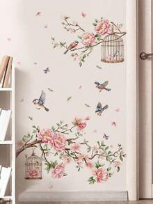 1pc Pink Camellia Flower Branch Bird Cage Wall Decor Sticker, Removable Room Decoration Wall Decal For Bedroom, Living Room, Entryway - 1PC - View 3