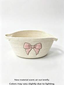 1pc White & Pink Cotton Rope Woven Basket - Cute Bow Design Baby Room Storage Organizer, Baby Supplies, Newborn Essentials, Room Decor - Multicolor - View 11