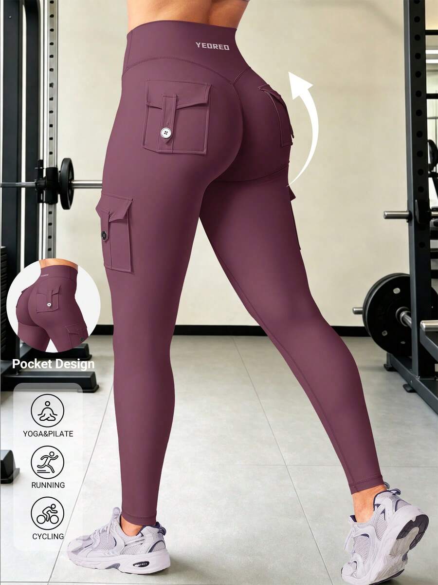 YEOREO Leggings With Pockets For Women Scrunch Workout Leggings Tummy Control Butt Lifting Gym Yoga Leggings Yoga Pants For Women Black Pants Winter Leggings - 黑櫻桃 - 查看 1