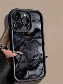 Matte Black Contrast Frame Phone Case, Dark Gray & Gold Foil Ink Marble Print Shockproof Soft TPU Protective Cover With Raised Camera Lens Frame, Compatible With Apple 11, 12, 13, 14, 15, 16, 17 Pro Max, Luxury Minimalist Unisex Style For Men And Women - Black - View 1