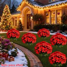 5pcs Set Vibrant Artificial Poinsettia + Spiky Plant - Energetic, Color-Fast Artificial Plants, Suitable For Christmas, Halloween, Outdoor Weddings, Home, Indoor And Outdoor Decor - Perfect For Porch, Balcony, Outdoor Patio And Gift Giving, No Maintenance Required - Red - View 6