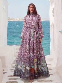 Faeriesty Vintage Romantic Women's Long Sleeve Bell Sleeve Chiffon Dress, Ruched Stand Collar, Eye-Catching Purple Leopard Print Wedding Vacation Party Fall - Purple - View 5