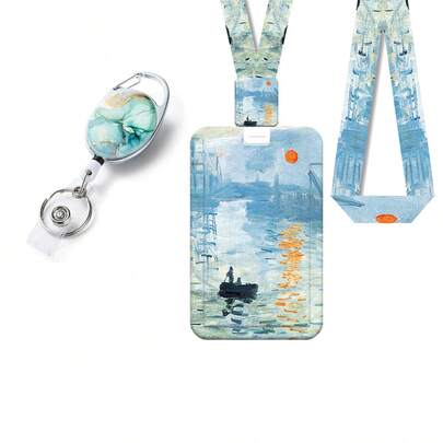 1 Set (Clip de Insignia + Cordón + Portatarjeta) Clip de Insignia de Lago al Atardecer, Carrete de Insignia Oval Doble Cara Retráctil, Clip de Cordón Retráctil con Funda Protectora de Portatarjeta de Identificación, Adecuado para Personal Médico, Pasantes, Trabajadores Sociales, Maestros, Oficina, Regalo de Vacaciones