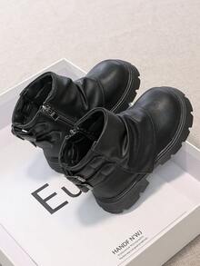 Children's Vintage Ruched Stacked Ankle Boots, Side Zipper Soft Leather Non-Slip Fashion Boots - Black - View 5