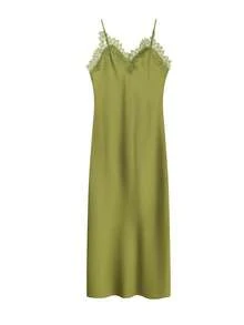 Women's Green Lace Satin Mid-Length Backless Cami Dress, V-Neck Elegant Summer Party Dress - Green - View 5