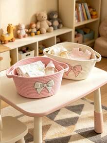 1pc White & Pink Cotton Rope Woven Basket - Cute Bow Design Baby Room Storage Organizer, Baby Supplies, Newborn Essentials, Room Decor - Multicolor - View 8