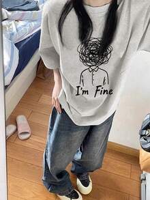 Women's Fashion Summer Loose Round Neck Simple Versatile Letter Cartoon Print Short Sleeve T-Shirt Casual - Light Gray - View 2