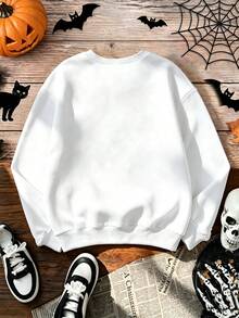 Women's Cartoon Print Crew Neck Long Sleeve Sweatshirt, Autumn/Winter Casual White - White - View 2