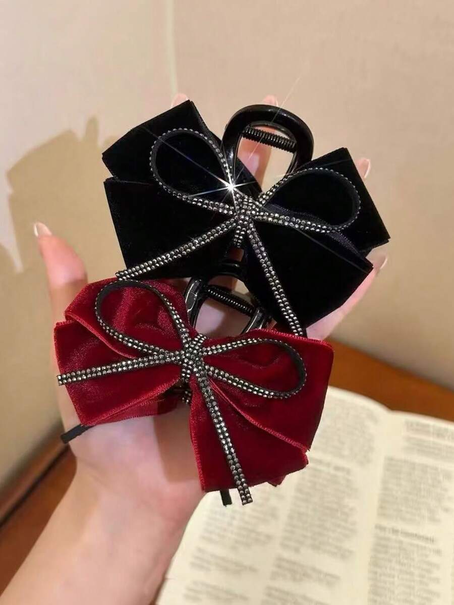 1 Stück Stück Damen einfarbige Stoff-Samt-Haarspange mit Strass-Schleife, 11 cm, modisch elegant, doppellagige Schleife, hochwertiges Gefühl, Haaraccessoire für Alltag/Date/Pendeln/Ballparty-Outfit-Matching, Bademantel-Haardekoration - Verschiedenfarbig - Übersicht 1