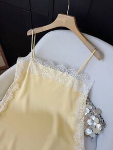 GMFP Yellow Summer/Autumn Eyelash Lace Trim Satin Short Camisole Top, Y2K Back To School Graduation Season Women's Outfit Piece, Halloween Christmas Inner Layer - Yellow - View 10