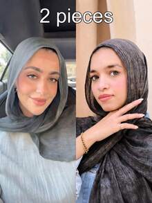 2pcs/Set Dirty Dye Arabic Hijab Thin Solid Color Lightweight Casual Long Scarf Suitable For Daily Use Raffeld Hijab - Black 1 Grey 1 - View 3
