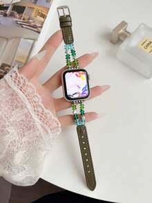 1pc Girls Kids Star Crystal Beaded Leather Watch Band Compatible With Apple Watch 41mm 40mm 38mm AppleWatch Leather Strap Elastic Casual Band Series11 10 9 8 7 6 5 4 3 2 1 SE Suitable For Stepless Adjustment Soft Smart Watch Band - Multicolor - View 20