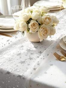 1/2/3pcs Shiny Silver Foil Star Print Table Runner, Metallic Fabric Dining Table Centerpiece Decor Cloth, Suitable For Multiple Holidays, Weddings, Birthdays, Christmas And Spring Events, Home Indoor Tabletop Decoration, Creative Holiday Gift - Silver - View 4
