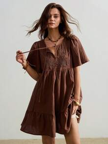 Rusttydustty Women's Pure Cotton Brown Embroidered Patchwork Collar Tie-Up Ruffle Hem Loose Fit A-Line Short Dress, Suitable For Autumn And Halloween - Brown - View 6