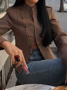 Mellowy 春夏新款女式歐美風休閒時尚極簡百搭短版鈕扣西裝外套 棕色 - 棕色 - 查看 3