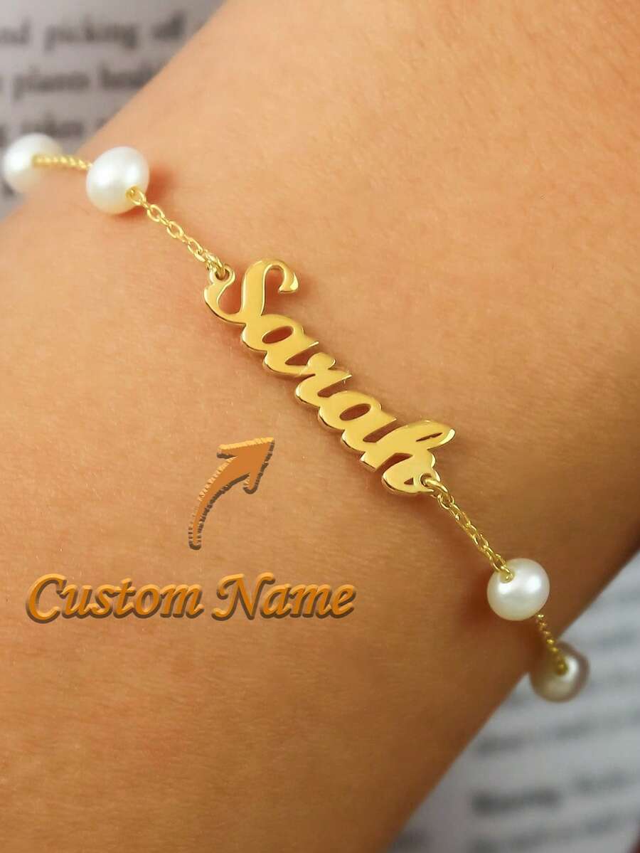 Personalized Name Gold Pearl Bracelet, Personalized Freshwater Pearl Bracelet, Exquisite Pearl Bracelet, Bridesmaid Gift