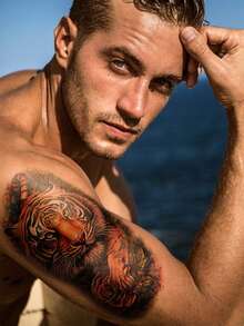 Big Size Body Art Temporary Tattoo Stickers For Women Or Men, Realistic Animal Lion Tiger Wolf Pattern, Waterproof Fake Tattoo, Lasts 2-5 Days, Covering Scars, Suitable For Parties, Gifts, Vacations, Body Decoration - Black - View 3