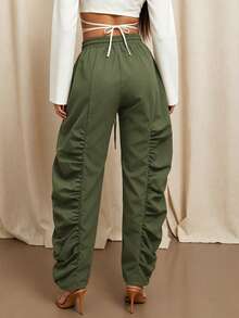 Women's Spring/Autumn Casual Elegant College Airport Outfit Ruffle Drawstring Pocket Single Piece Solid Color Woven Fabric Long Pants - Army Green - View 2