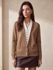 Maglione da donna a scollo a V in lana merino, classico pullover retrò a trecce, caldo e a maniche lunghe per l'autunno/inverno - Castano - Visualizzare 2