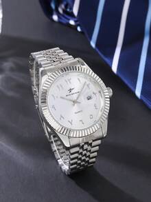 1pc Men's Quartz Watch, Arabic Numeral Watch, Durable Stainless Steel Band Material, Date Function, Suitable For Any Occasion, With Box! - Silver - View 4