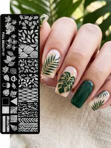 Autumn Maple Leaves Nail Art Stamping Plate With Stamper & Scrapper Leaf Mushroom Apple Pattern Designs Drawing Template For Nail Charming DIY Geometric Nails Stencil Templates Transfer Printing Mold Manicure Tools - Silver - View 5