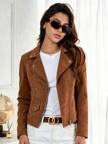SS-Sunrise Fashion Fashionable Women's Motorcycle Jacket, Brown Suede Material, Zipper Front, Long Sleeve Design, Perfect Choice For Autumn/Winter Outfits. Fall - Brown - View 2